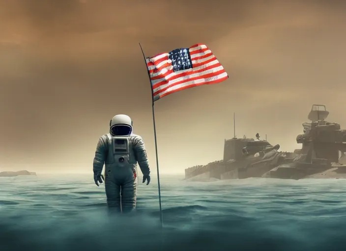 Image similar to astronaut holding a flag in an underwater desert. a submarine is visible in the distance. dark, concept art, cinematic, dramatic, atmospheric, 8 k, trending on artstation, blue, fish, low visibility, fog, ocean floor, christopher nolan, interstellar