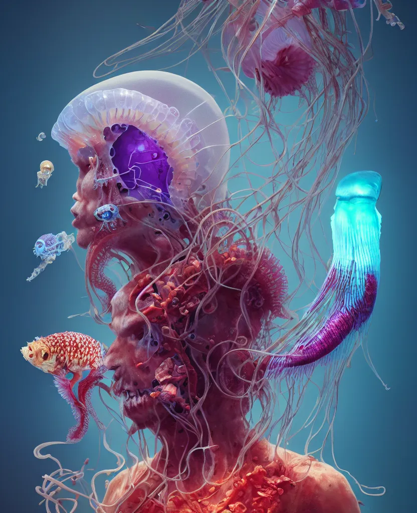 Image similar to human thorax, jellyfish phoenix head, nautilus, orchid, skull, betta fish, bioluminiscent creatures, intricate artwork by Tooth Wu and wlop and beeple. octane render, trending on artstation, greg rutkowski very coherent symmetrical artwork. cinematic, hyper realism, high detail, octane render, 8k