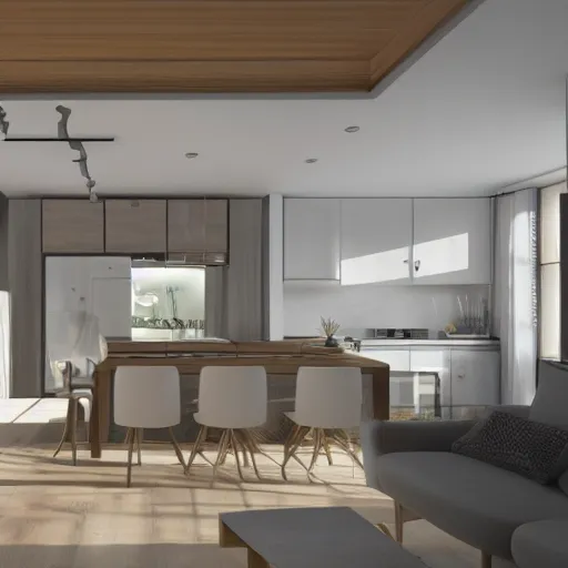 Image similar to Interior studio kitchen and living room, the kitchen turns in a corner with windows on the corner, vray render, interior design