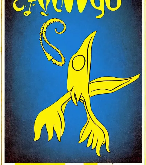 Image similar to cthulhu winged, yellow background, disney movie poster style, animation