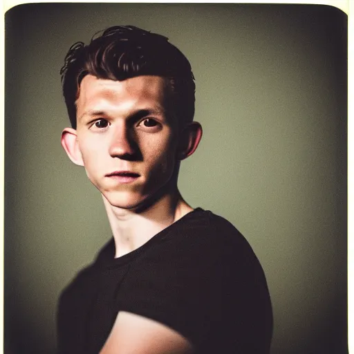 Image similar to grainy color polaroid of Tom Holland, dreamlike, intricate detail, sigma 85mm f/1.4, 4k