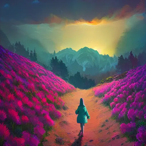 Image similar to giant carnation flower as a head, girl hiking in the mountains, surreal photography, sunrise, dramatic light, impressionist painting, colorful clouds, digital painting, artstation, simon stalenhag