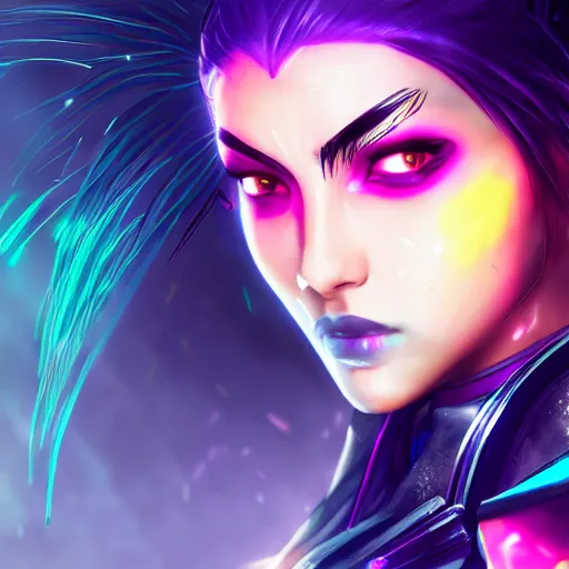 Image similar to Kalista from League of Legends portrait, Cyberpunk 2077, cyberpsycho, photorealistic, ultra detailed, neon, octane, bokeh, cyber, cyberpunk city, feature, scars, cyberface, 8k