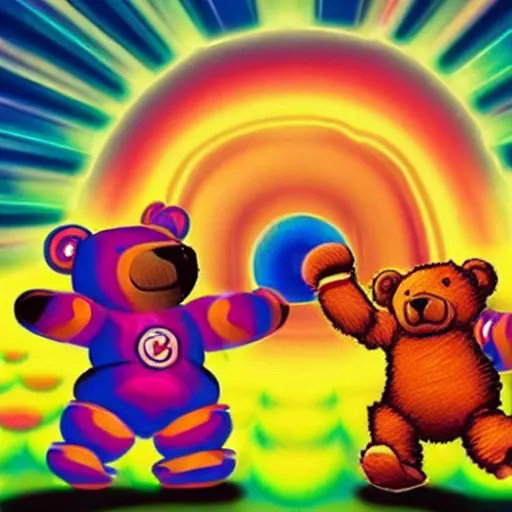 Image similar to a lot of teddy bears fights in epic battle, background a nuclear toxic multi - colored explosion in big town, psychedelic