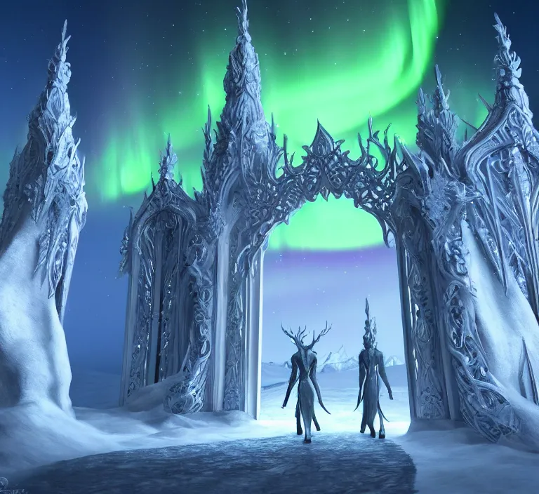 Image similar to a very detailed concept art of intricate and elven white gates to aurora borealis infused with magic, dynamic lighting trending on artstation, symmetry, digital art, 4 k, hyper realistic, octane render, sharp focus