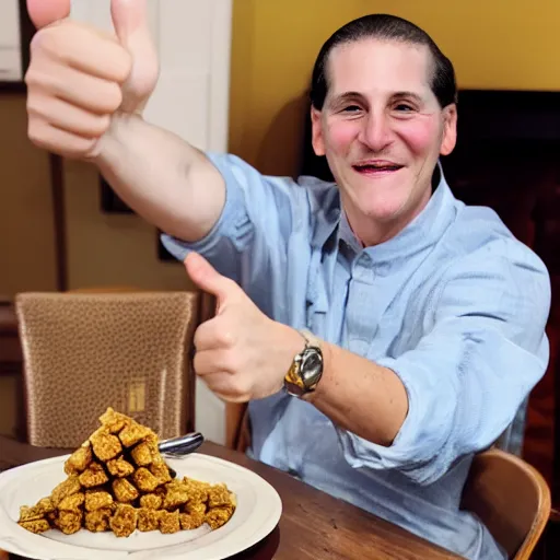 Prompt: George washington eating a bowl of honeycomb and giving a thumbs up with a big cheesy grin in a modern dining room