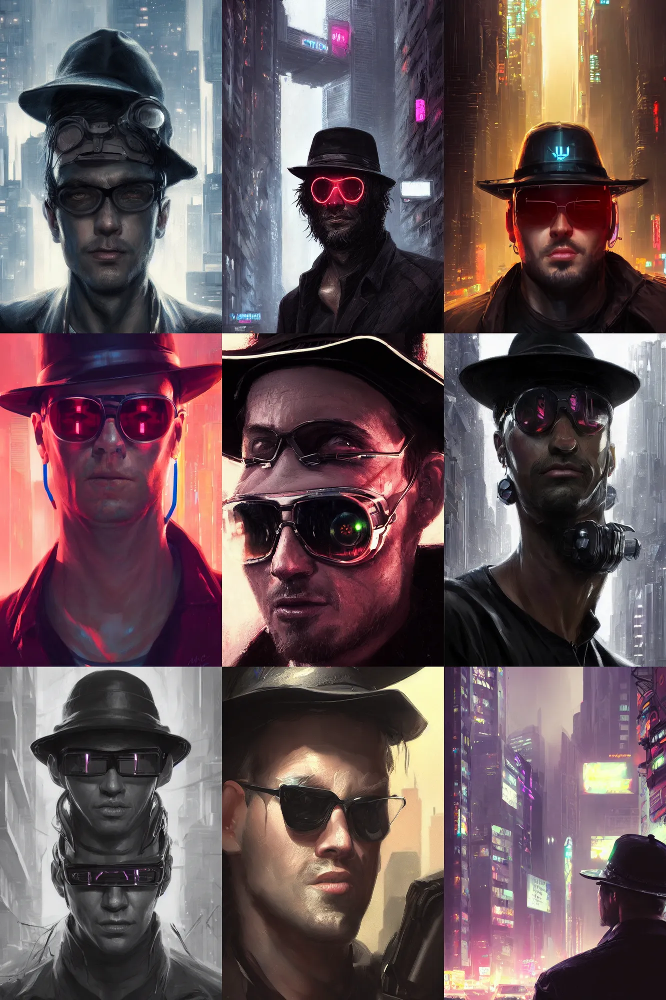 Prompt: portrait of detecive in the neon noir cyberpunk city man in black hat, epic portrait illustration, darek zabrocki, noah bradley, artstation, photorealistic close - up portrait, detailed illustration portrait, incredible details