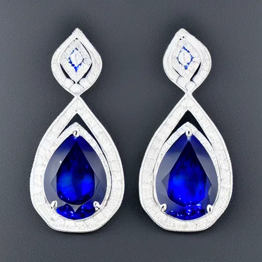 Image similar to front and side views of platinum tear drop sapphire diamond earrings