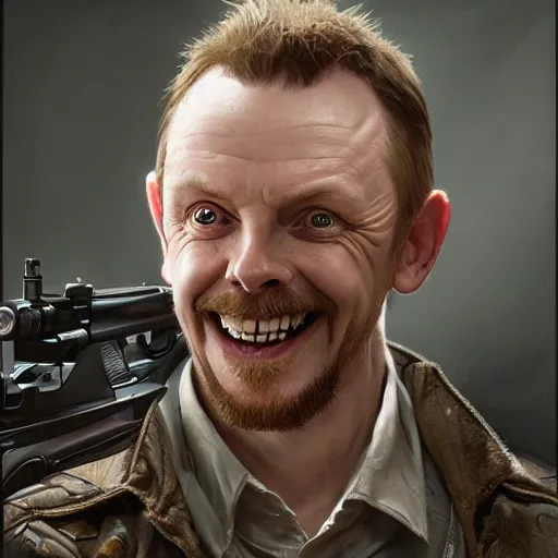 Image similar to portrait painting of simon pegg smiling like a winner with a winchester, ultra realistic, concept art, intricate details, eerie, highly detailed, photorealistic, octane render, 8 k, unreal engine. art by artgerm and greg rutkowski and alphonse mucha