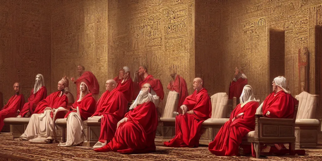 Prompt: beautiful oil matte portrait painting, ancient senators in red and white robes sit in tribunes, egyptian mosaic background, highly detailed, beautiful cinematic light deep focus, elegant, digital painting, smooth, sharp focus, golden ratio, dramatic illumination, art by aleksi briclot, rutkowski and caravaggio