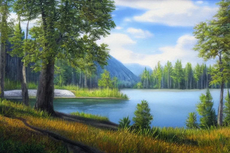 Image similar to landscape painting, forest lake, hd 8 k photorealism