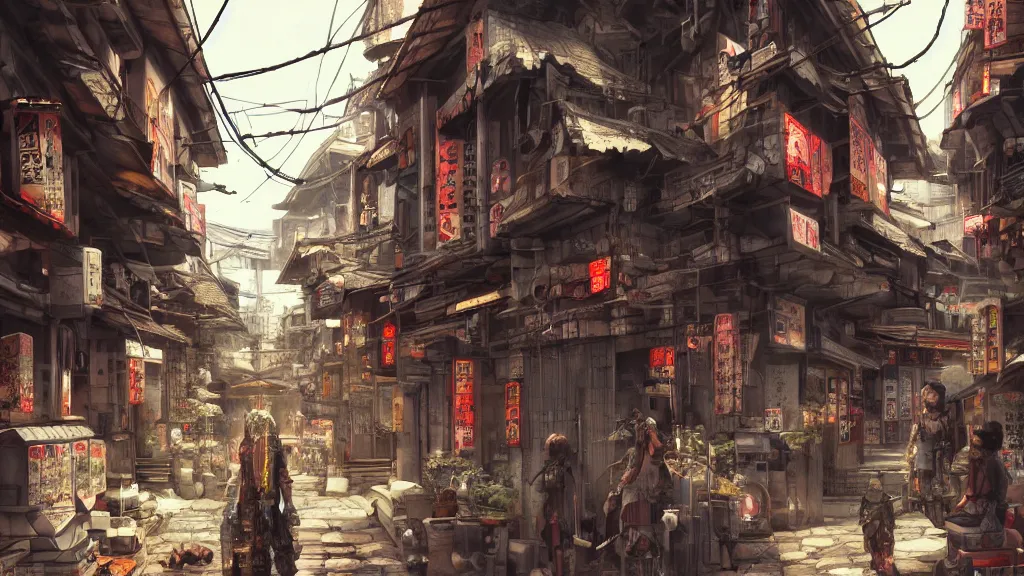 Prompt: living a in oriental, japanese village with cyberpunk style pov, concept art, fantasy, epic, hyperrealistic, highly detailed, 4 k hd