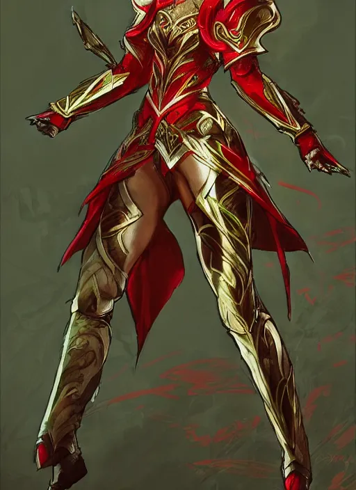 Image similar to Full body portrait of a beautiful young blonde short haired elven princess wearing red, green and gold armour robe. In style of Yoji Shinkawa and Hyung-tae Kim, trending on ArtStation, dark fantasy, great composition, concept art, highly detailed.