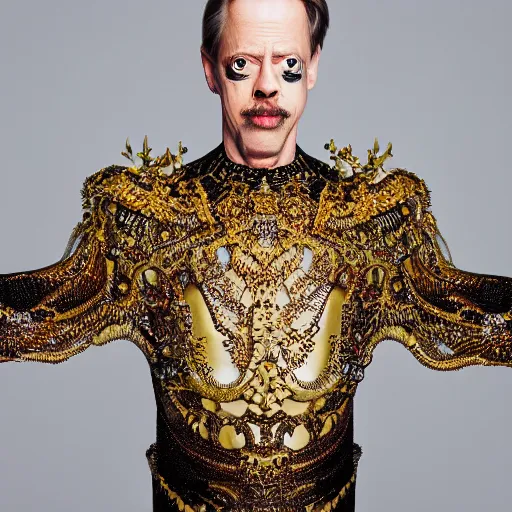 Image similar to 8 5 mm f 1. 8 photograph of steve buscemi wearing an ornate costume by iris van herpen, highly detailed, digital painting, artstation, smooth, sharp foccus, commercial photography, fashion shoot