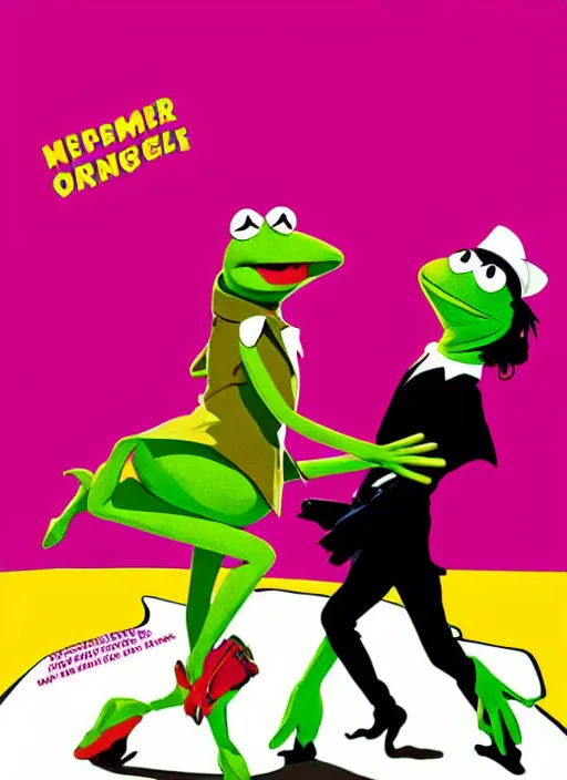 Image similar to poster artwork by Michael Whelan and Tomer Hanuka of The Muppet Show, Kermit the Frog and Miss Piggy doing the twist dance scene from the movie Pulp Fiction, pop art poster, vector art, posterized style, poster artwork by Michael Whelan and Tomer Hanuka