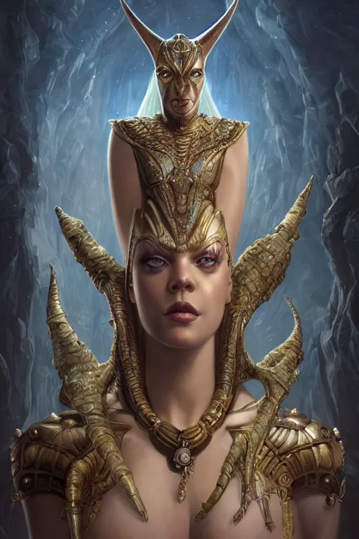 Image similar to portrait of a beautiful female hybrid atlantean anubis alien elsa jean warrior, regal, realistic, refined, detailed digital art, oil painting, michael cheval, esao andrews, art frahm, steampunk, walt disney ( 1 9 3 7 ), highly detailed, cinematic lighting, unreal engine, 8 k, hd