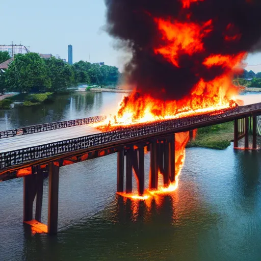 Prompt: a schoolbus on fire on a wooden bridge over a large river, by kim jung gi, paul heaston, extremely wide angle shot, trending on art station, 4 k, vibrant lighting