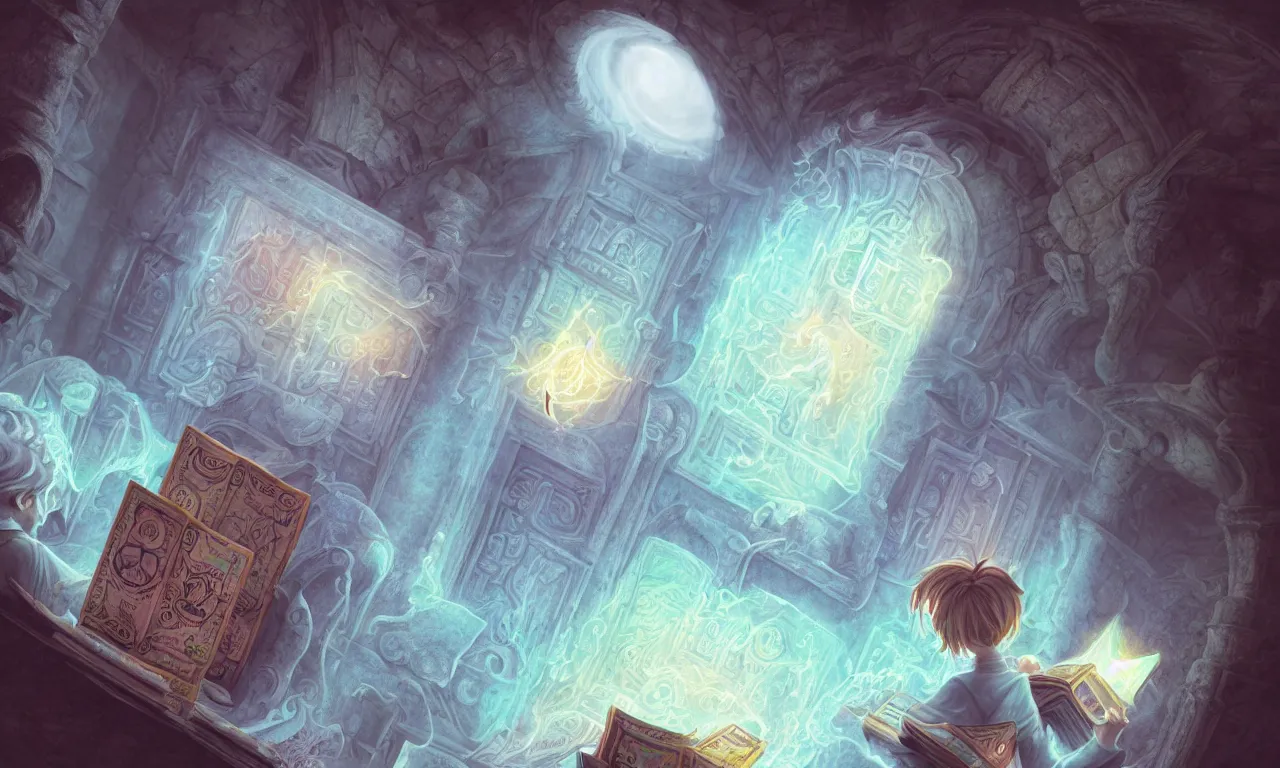 Image similar to kerberos realm, faked ticket close up, wizard reading a directory, nordic pastel colors, abandoned ruins, 3 d art, digital illustration, perfect lighting