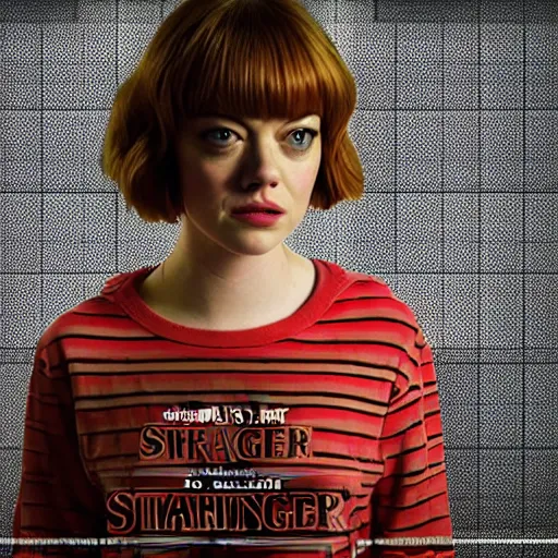 Prompt: Emma Stone in Stranger Things, XF IQ4, 150MP, 50mm, f/1.4, ISO 200, 1/160s, natural light, Adobe Photoshop, Adobe Lightroom, DxO Photolab, Corel PaintShop Pro, rule of thirds, symmetrical balance, depth layering, polarizing filter, Sense of Depth, AI enhanced