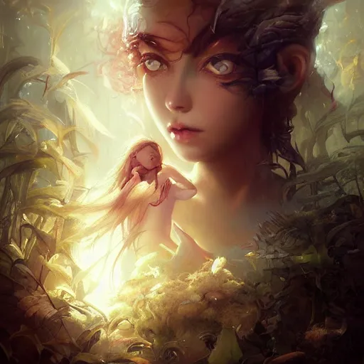 Prompt: face of a cute girl with eyes wide open looking into enlightenment by peter mohrbacher and emmanuel shiu and martin johnson heade and bastien lecouffe - deharme