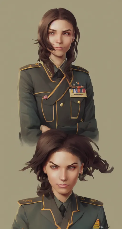 Image similar to portrait of young woman with light brown shoulder length hair and hazel eyes dressed in a sharp dark teal military uniform, smiling, ilya kuvshinov, svetlana tigai, greg rutkowski, loish, artgerm, digital painting, concept art