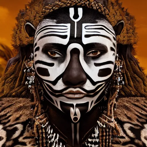 Image similar to portrait of a young mayan jaguar warrior, beach pic, depth of field, zeiss lens, detailed, symmetrical, centered, fashion photoshoot, by annie leibovitz and steve mccurry, david lazar, jimmy nelsson, breathtaking, 8 k resolution, extremely detailed, beautiful, establishing shot, artistic, hyperrealistic, beautiful face, octane render