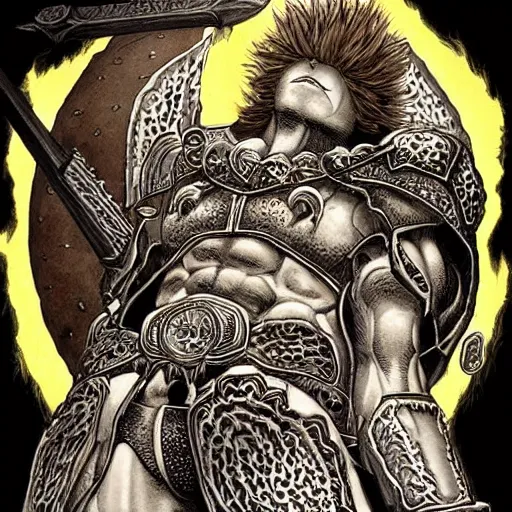 Image similar to intricate detailed burger warrior with huge swod, dark fantasy art by kentaro miura