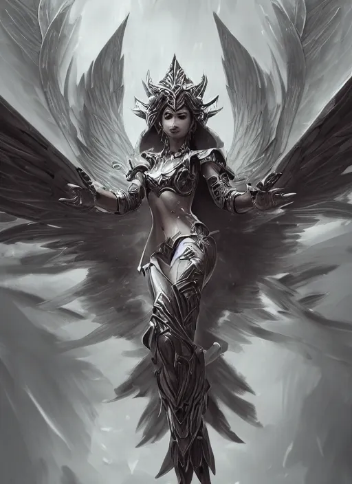 Image similar to a highly detailed illustration of winged divine armored angel, ominous floating pose, intricate, elegant, highly detailed, centered, digital painting, artstation, concept art, smooth, sharp focus, league of legends concept art, wlop.