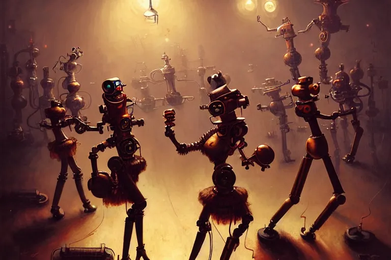 Image similar to steampunk robots dancing by otto dix and greg rutkowski and andreas rocha, cinematic lighting, highly detailed, 4 k