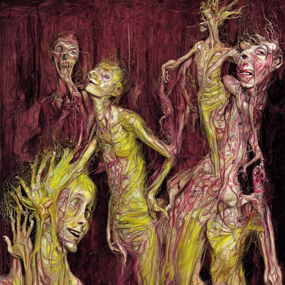 Image similar to bright psychdelic realistic anorexic cult turning into gods and deamons and smiling franticly, old apartment, rotten flesh, diffuse lighting, fantasy, intricate, elegant, highly detailed, lifelike, photorealistic, digital painting, artstation, illustration, concept art, smooth, sharp focus, art by francis bacon and jenny saville