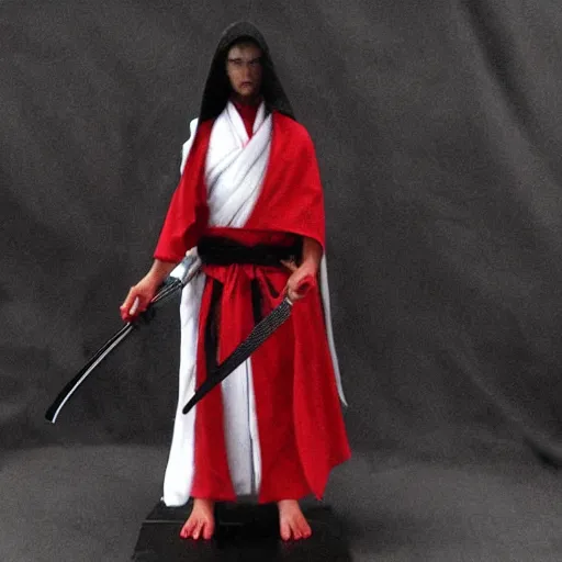 Image similar to samarai cloaked in white with swords, standing in light beam of a dark cave, ruby red sorrow, high quality, ultra detail.