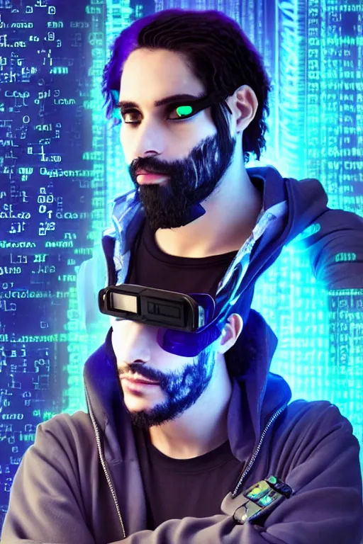 Image similar to santiago michel as a cyberpunk hacker