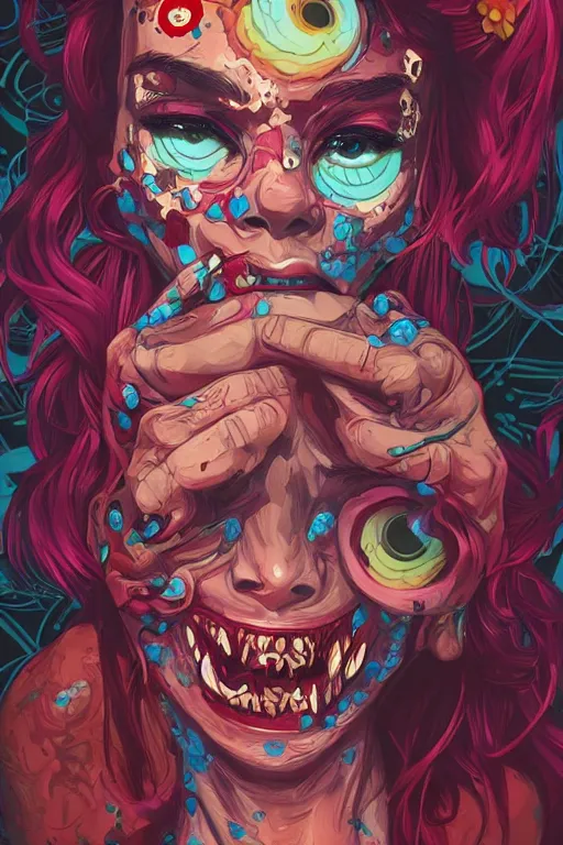 Image similar to a zombiegirl smiling, Tristan Eaton, victo ngai, artgerm, RHADS, ross draws