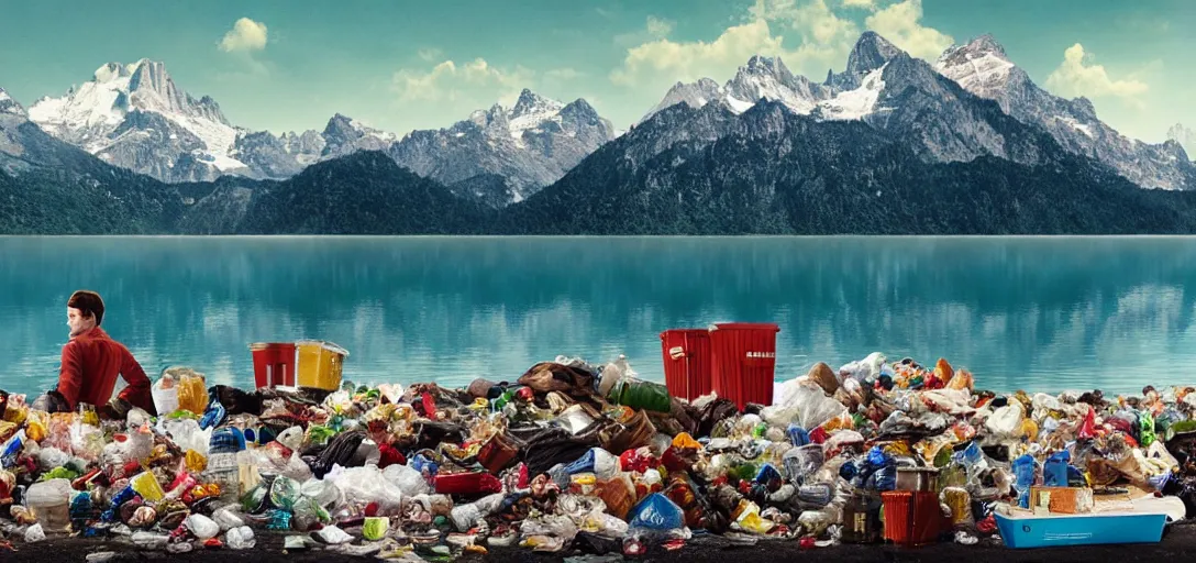 Image similar to a very high resolution image from a new movie. mountains, lake, garbage plastic, fast food, photorealistic, photography, directed by wes anderson