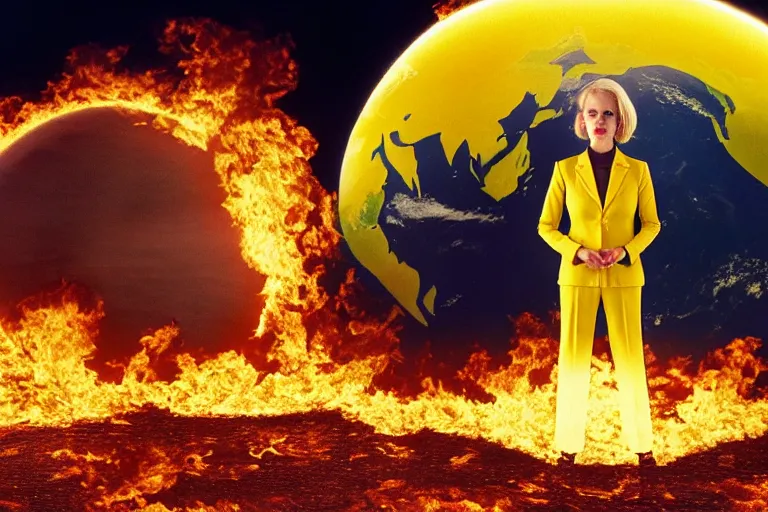 Image similar to a moody photograph of a confident caucasian woman in her 6 0's with short blonde hair wearing a tailored yellow suit standing against a backdrop of the planet earth engulfed in flames. photograph by annie leibowitz, cinematic lighting, sci fi, futuristic