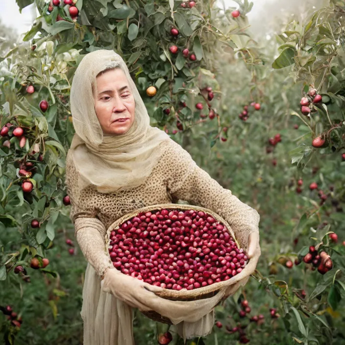 Prompt: a closeup portrait of a woman wearing golden spider silk sea silk seaweeds, picking pomegranates from a tree in an orchard, foggy, moody, photograph, by vincent desiderio, canon eos c 3 0 0, ƒ 1. 8, 3 5 mm, 8 k, medium - format print