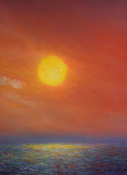 Image similar to an impressionistic painting of a red sun in a cloudy sky, an oil painting by jason a. engle, deviantart, metaphysical painting, apocalypse landscape, oil on canvas, matte drawing