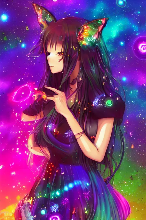 Image similar to psychedelic, anime, 4k, beautiful seductive woman with fox ears smoking weed, with professional makeup, long trippy hair, a crystal and flower dress, sitting on a reflective pool, surrounded by gems, underneath the stars, rainbow fireflies, trending on patreon, deviantart, twitter, artstation, volumetric lighting, heavy contrast, art style of Greg Rutkowski and Victoria gavrilenko and Ross Tran