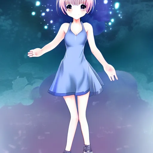 Image similar to advanced digital art a very cute anime girl wearing a dress made of water standing in a crystal lake turning into mist full body