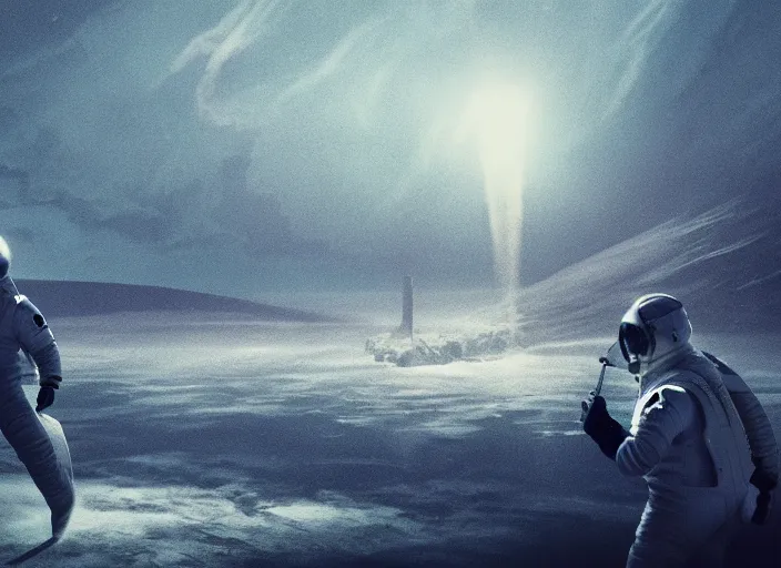 Image similar to astronaut holding a flag in an underwater desert. a submarine is visible in the distance. dark, concept art, cinematic, dramatic, atmospheric, 8 k, trending on artstation, blue, fish, low visibility, fog, ocean floor, christopher nolan, interstellar