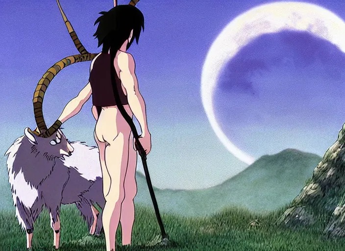 Image similar to a still from a studio ghibli movie of a cartoon half goat half man from princess mononoke ( 1 9 9 7 ), in front of a pale full moon, full body, wide shot, very dull muted colors, studio ghibli, highly detailed, deviantart, art by artgem