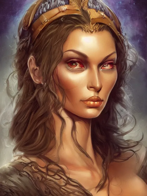 Prompt: a portrait of a beautiful female wizard, full face, beautiful clothes, style of Boris Vallejo and Frank Frazetta, very detailed, fantasy art, rule of thirds, trending on artstation and deviantart