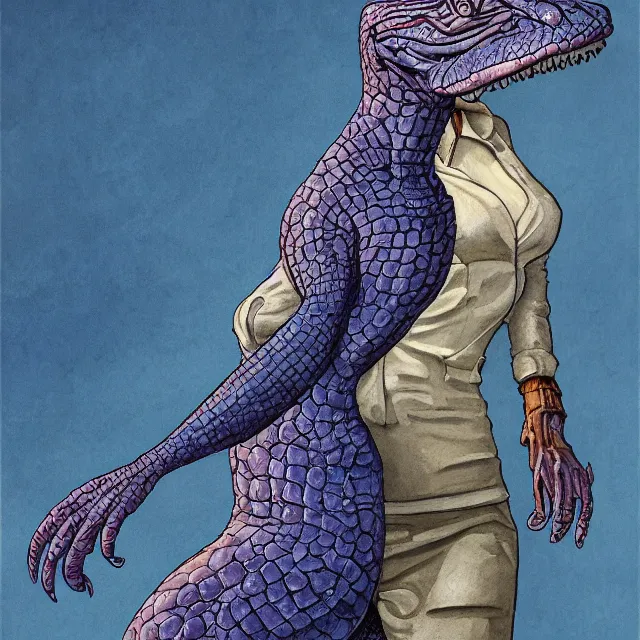 Image similar to a oil / watercolor painting full body character portrait of a illogical, odd, seasoned female anthropomorphic alligator on the wrong side of the law. in the style of moebius in the style of leonard boyarsky trending on artstation deviantart pinterest hyper detailed photorealistic highlights and shadow hd 8 k post - processing high resolution