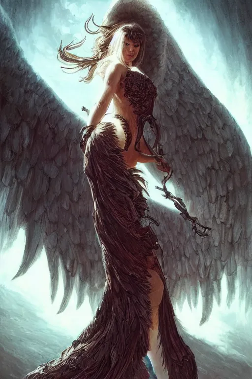 Prompt: full body portrait of a girl angel, wings, d & d, fantasy, intricate, elegant, highly detailed, digital painting, artstation, concept art, smooth, sharp focus, illustration, art by artgerm and greg rutkowski and peter mohrbacher & greg rutkowski & alexandros pyromallis & nekro & rene maritte