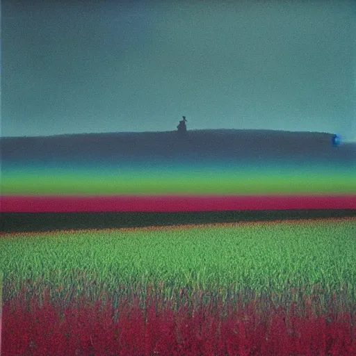 Prompt: serenity green landscape with Rainbow by Rinko Kawauchi, Saudek, Beksinski