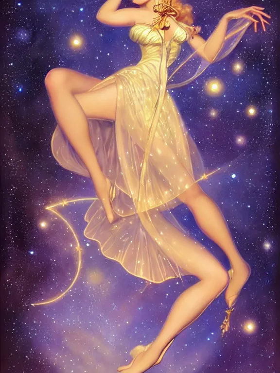 Prompt: Diana argon as tinkerbell glowing, a beautiful art nouveau portrait by Gil elvgren and Hajime Sorayama, moonlit starry sky environment, centered composition, defined features, golden ratio, gold jewlery, photorealistic professionals lighting, cinematic, sheer