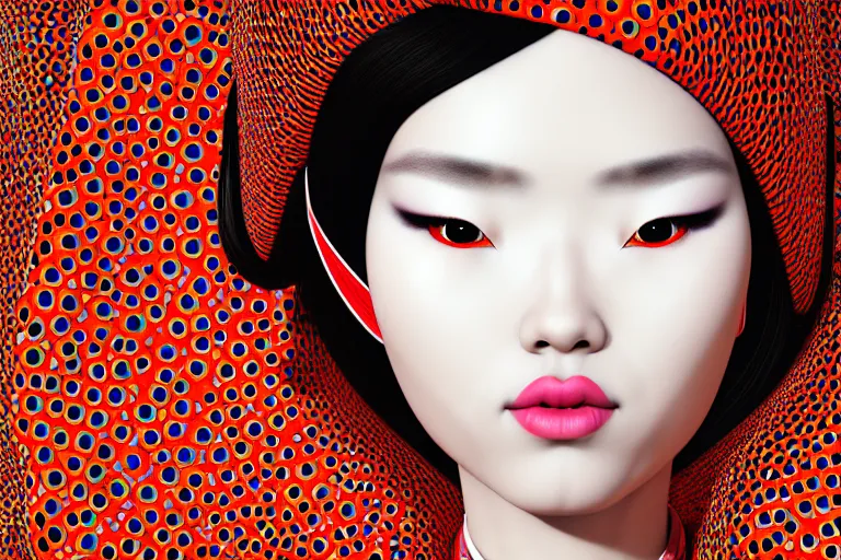 Image similar to hyperrealistic detailed image of a geisha laying in a room, background by yayoi kusama, part by kei mieno, part by ross tran, part by james jean, ultra realistic, highly detailed, symmetrical face, detailed body, 3 d render, very cohesive, masterpiece