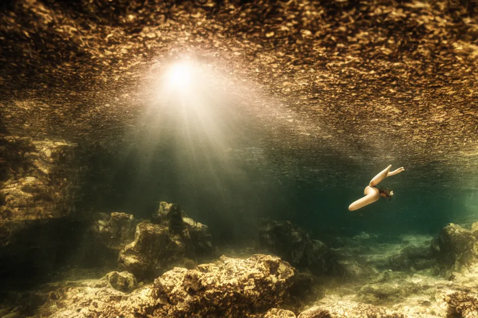 Prompt: female model in massive rock trench , swimming toward the sun rays and caustics, film , cinematic, underwater photography