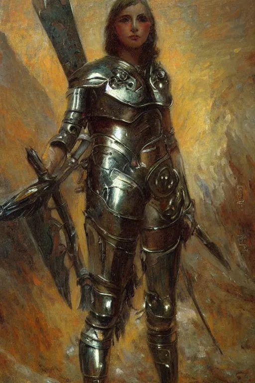 Prompt: full body girl metal armor painting by gaston bussiere