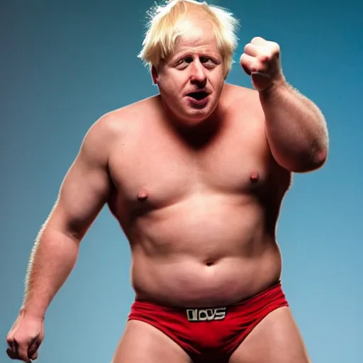 Image similar to boris johnson as an angry muscular wwe wrestler wearing a cap hat. he is looking closely at his fingers